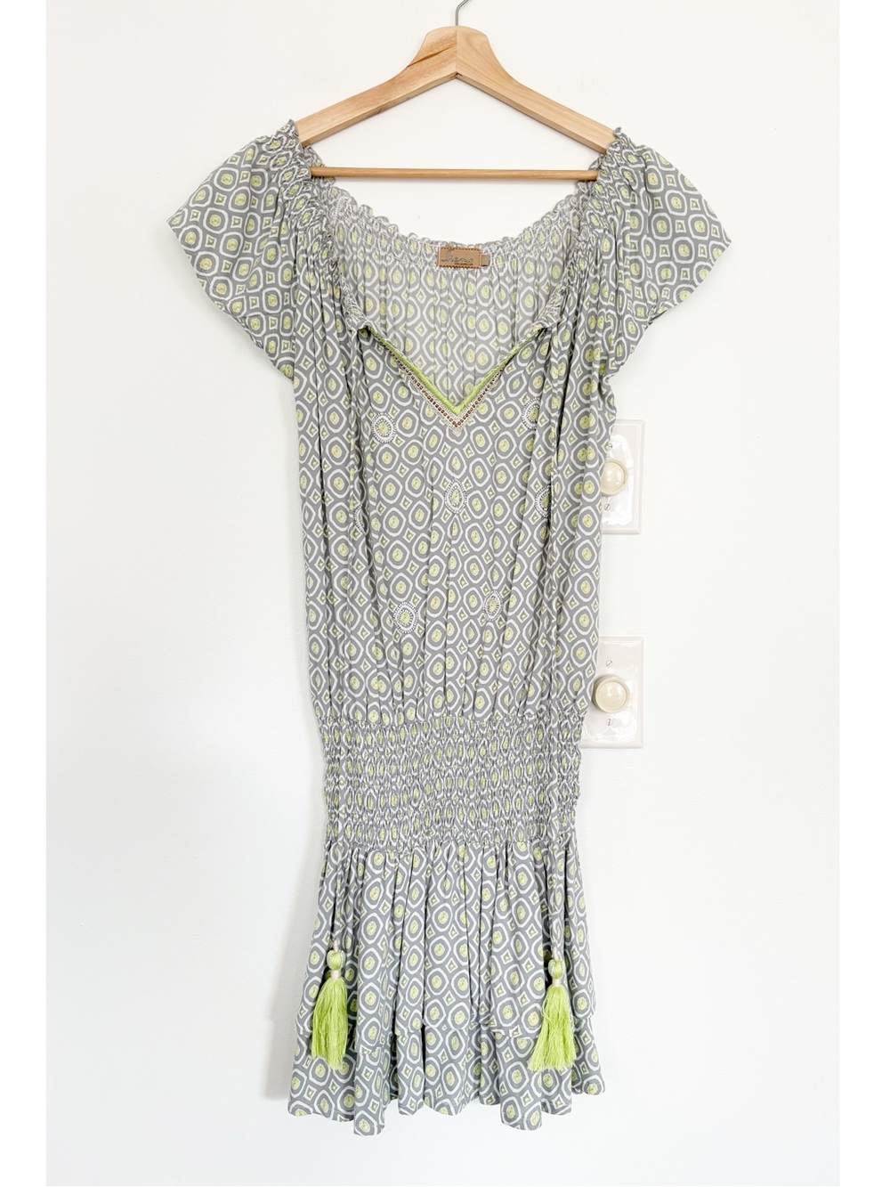 Skemo || Smocked Mini Dress Beaded Tassels Resort Beach Green Small